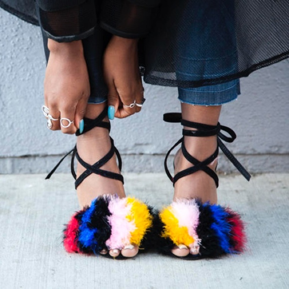 $495 NEW Loeffler Randall Nicky fur pom pom fur silver leather chunky heel 7 7.5 - Picture 10 of 10